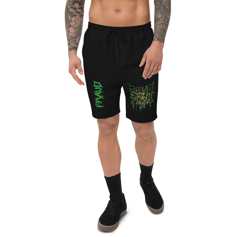 Men's Black Shorts with Pound of Flesh TX Green Logo and 'Fraud' text